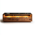 Mobile basso in legno di noce con top in vetro temperato e illuminazione LED