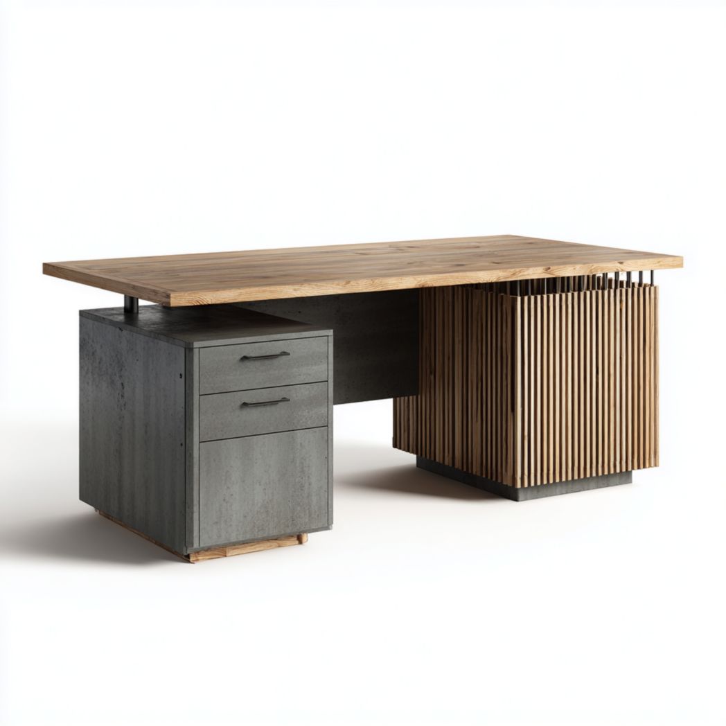 Scrivania con Cassetti in Metallo Grigio e Dettagli in Legno