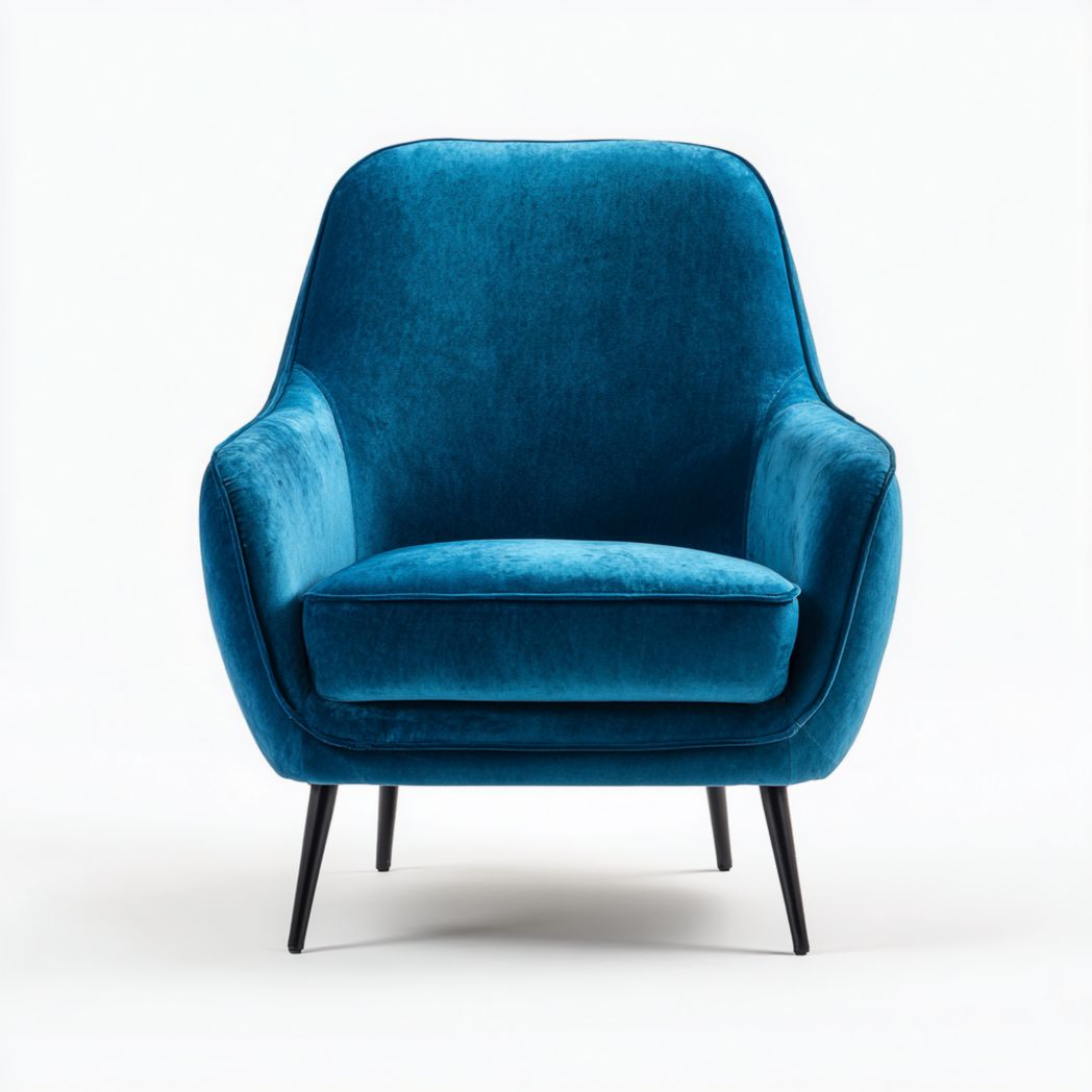 Poltrona in tessuto blu velluto con gambe in metallo nero
